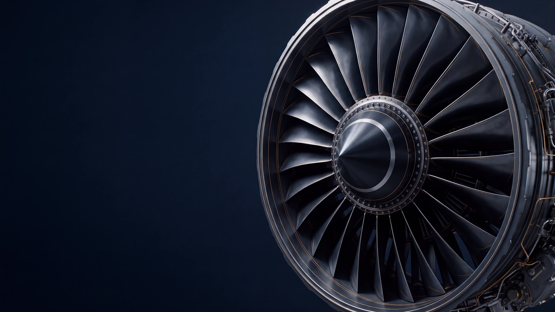 Composição conceitual de motor aeronáutico em metais escuros, com finos filamentos dourados. Não representa um modelo real específico.